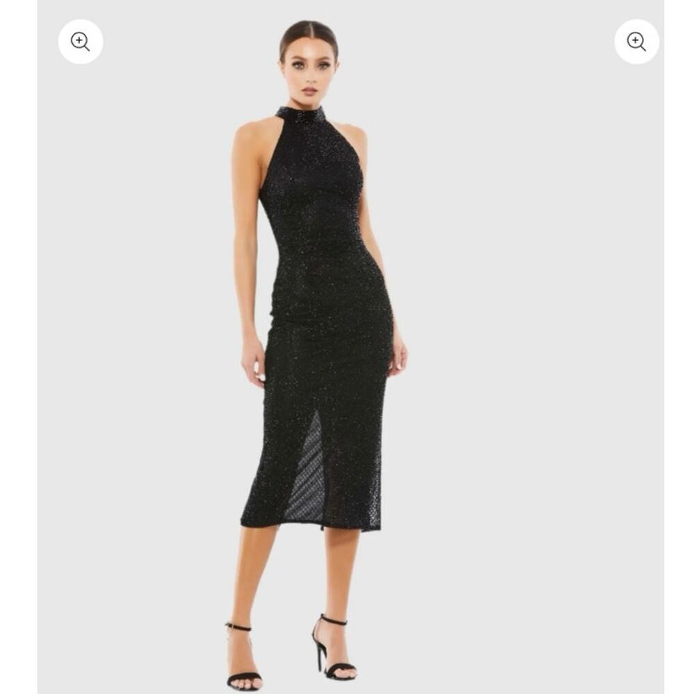 Mac Duggal Black Beaded Halter Neck Midi Dress